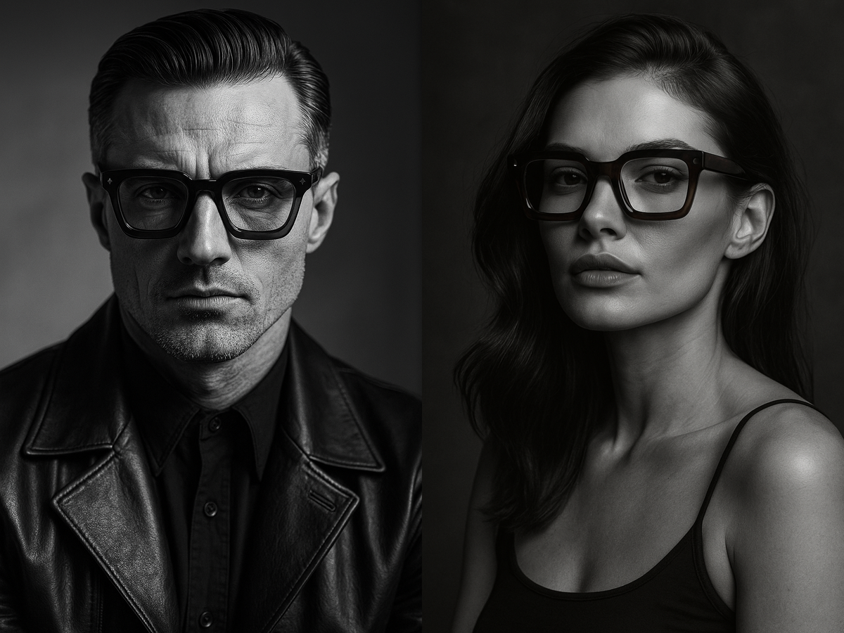 Ausdrucksstarke Schwarz-Weiß-Aufnahme eines Mannes und einer Frau mit der eckigen Fuego Blaulichtfilterbrille aus dunkelbraunem Acetat – modernes, kantiges Unisex-Design für starke Persönlichkeiten und visuelle Entlastung bei Bildschirmarbeit.