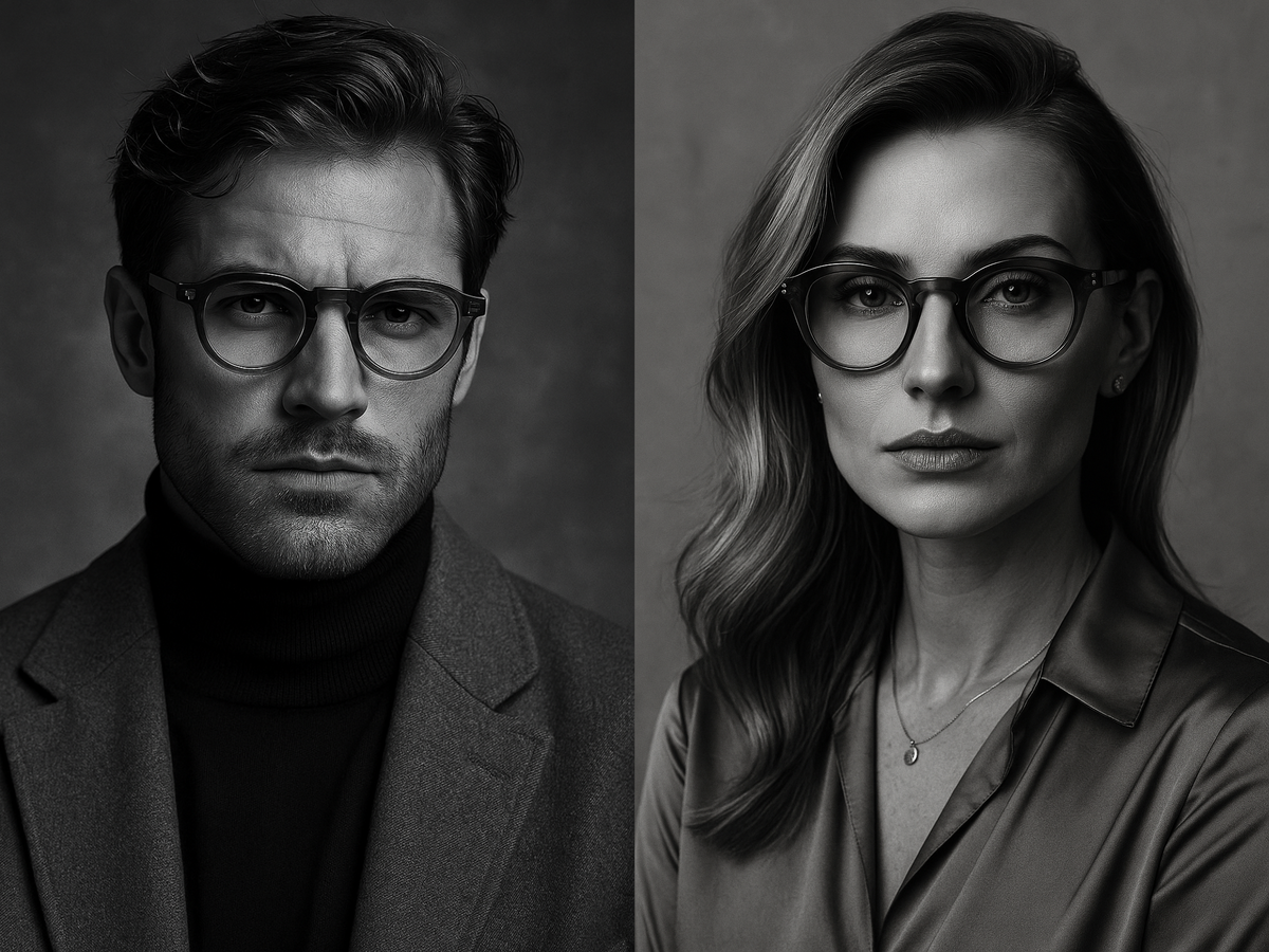 Schwarz-Weiß-Porträt eines stilvollen Mannes und einer eleganten Frau, beide tragen die runde Yantarni Blaulichtfilterbrille aus transparentem Acetat – hochwertiges Unisex-Design mit klarer Linienführung, ideal für Büro, Alltag und digitale Arbeit.