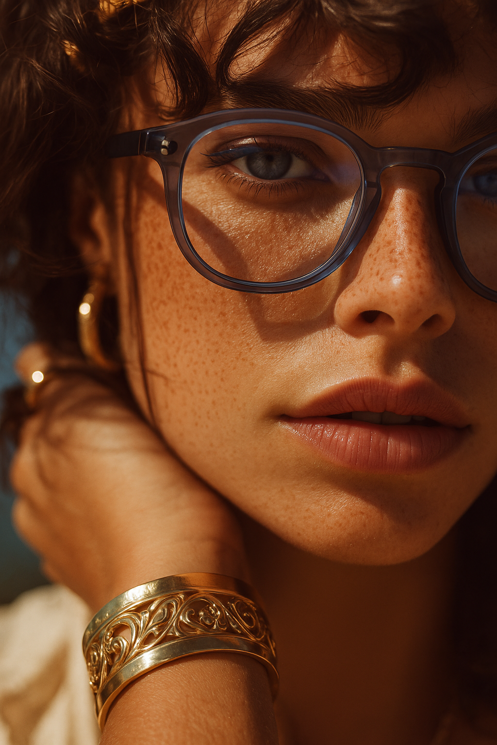 Porträt einer Frau mit Yantarni Blaulichtfilter-Brille und goldenen Schmuck-Accessoires im Sonnenlicht.
