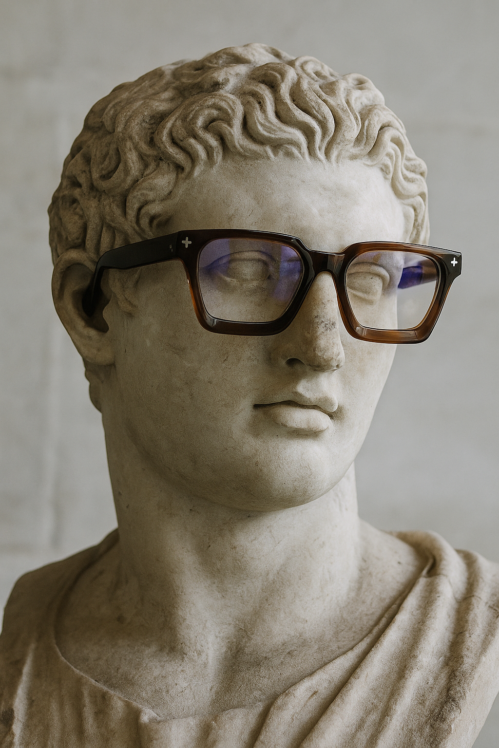 Marmor-Büste mit FUEGO Amber Blaulichtfilterbrille – kunstvolles Fashion-Statement von Millennialz.