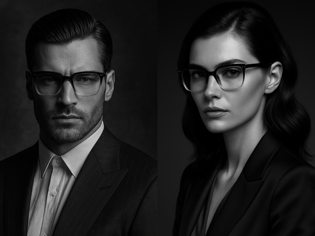 Luxuriöses Schwarz-Weiß-Porträt eines Mannes und einer Frau mit transparenter Unisex-Blaulichtfilterbrille von Millennialz – modernes Editorial mit klarer Linienführung und eleganter Ausstrahlung.