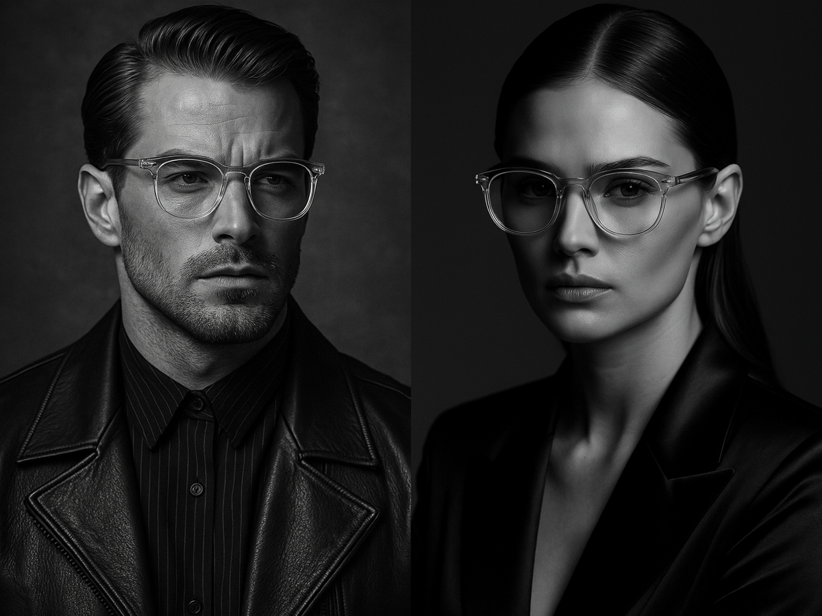 Schwarz-Weiß-Editorial mit transparenten Unisex-Blaulichtfilterbrillen von Millennialz – modernes Luxusporträt eines Mannes im Lederlook und einer Frau im Satin-Blazer, stilvoll und selbstbewusst inszeniert.
