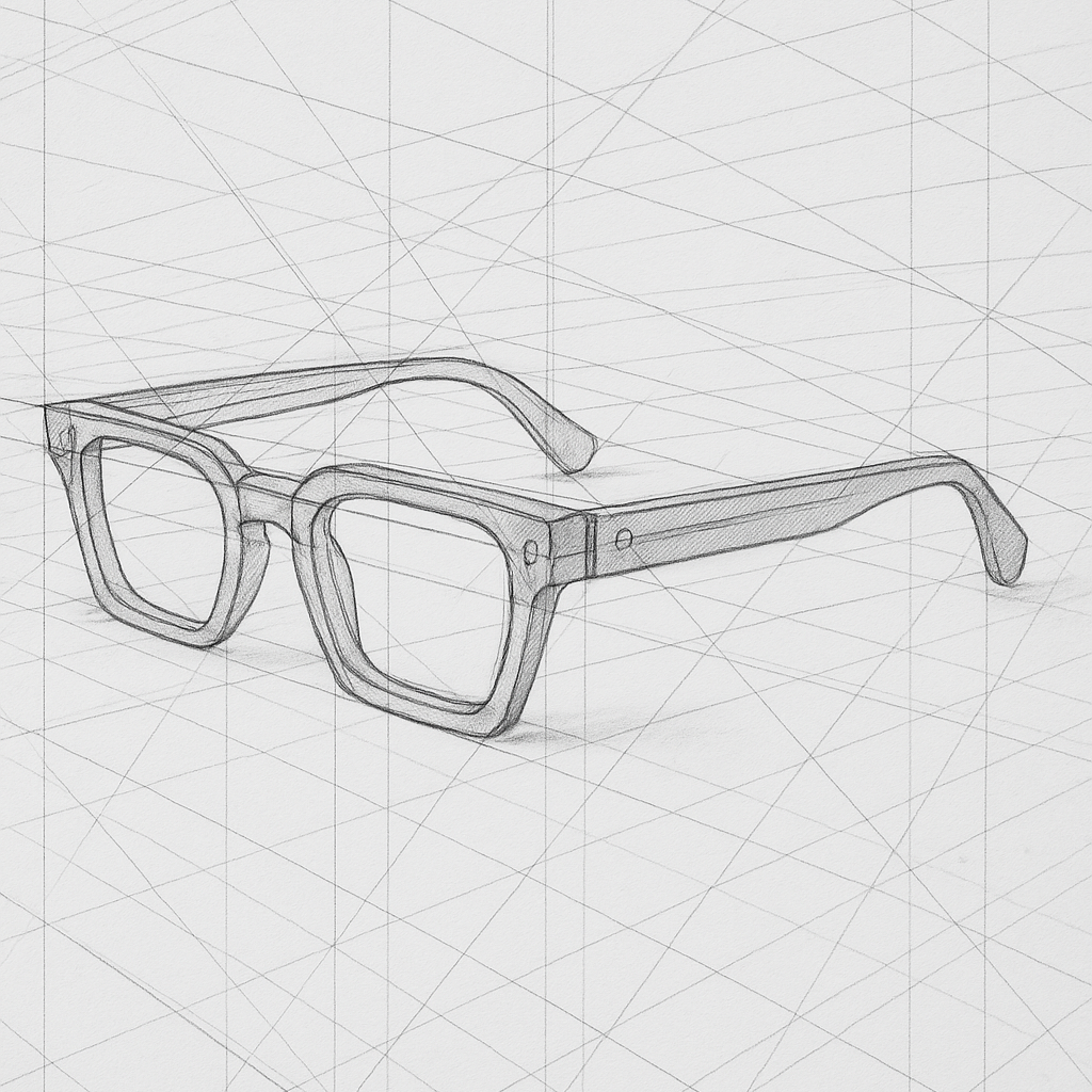 Technische Zeichnung der FUEGO Blaulichtfilterbrille – Designskizze von Millennialz.