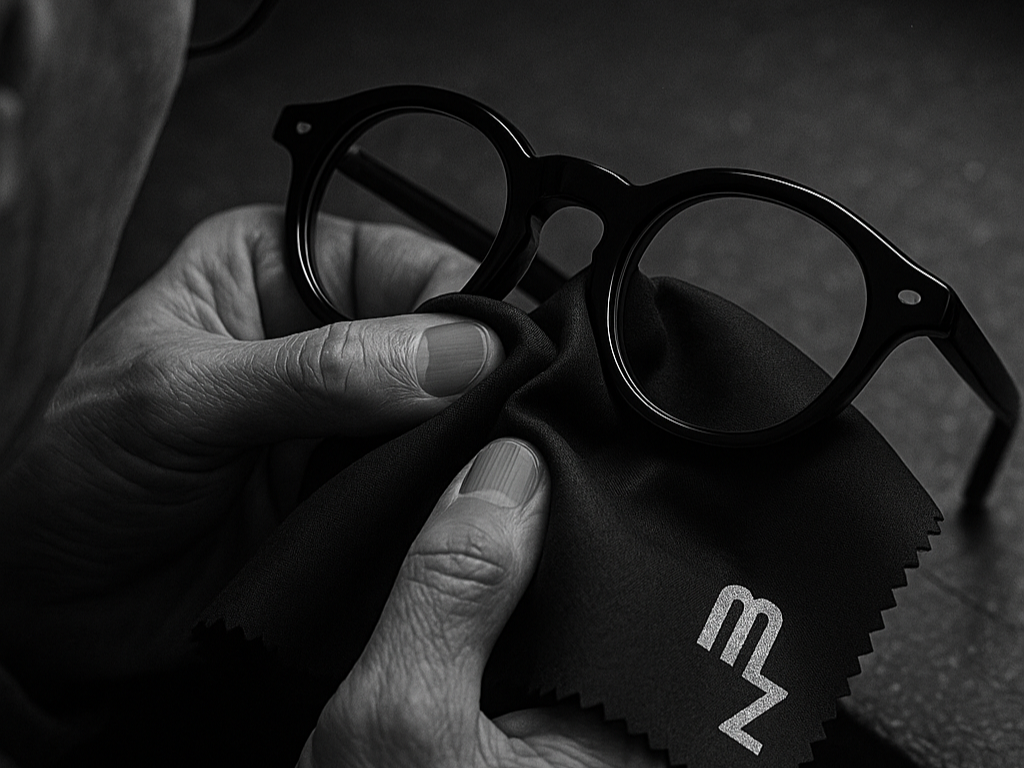 Hand poliert eine schwarze Designbrille mit einem Millennialz-Mikrofasertuch im Detail.