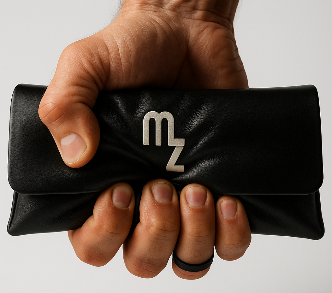 Männliche Hand mit Ring am Daumen drückt schwarzes Millennialz-Brillenetui mit Metalllogo für Blaulichtfilterbrillen