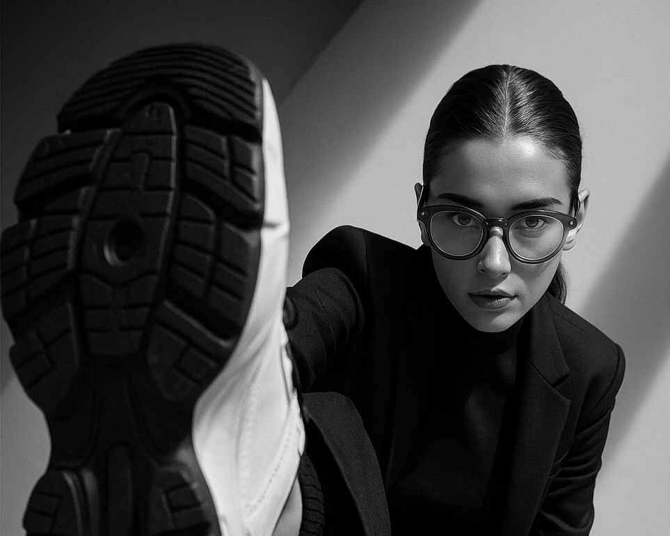 Model mit Blaulichtfilter-Brille und schwarzem Outfit im High-Fashion-Style, Sneaker im Vordergrund.