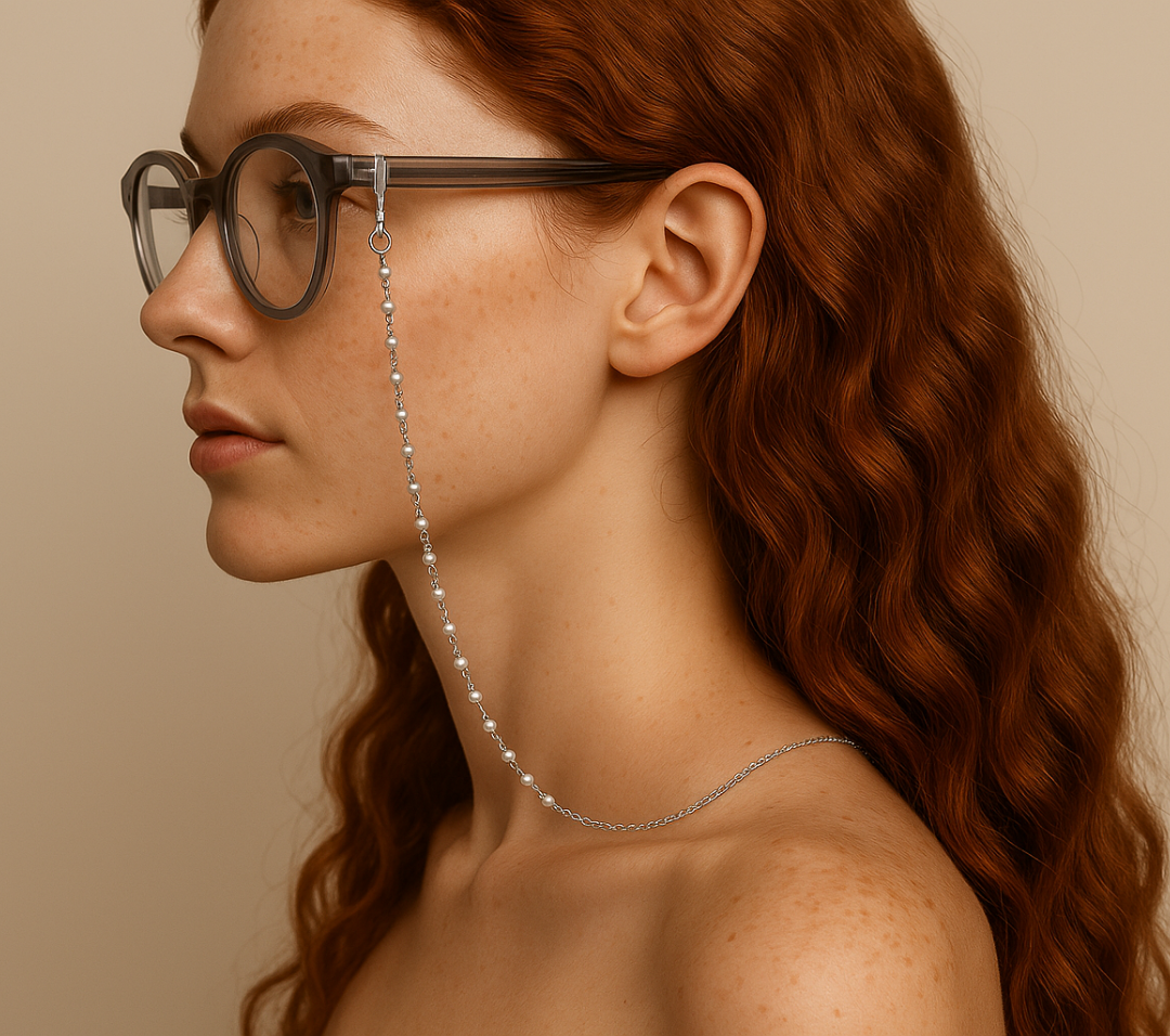 Rothaariges Model mit YANTARNI Blaulichtfilterbrille und Pearl Grace Brillenkette – edles Accessoire.