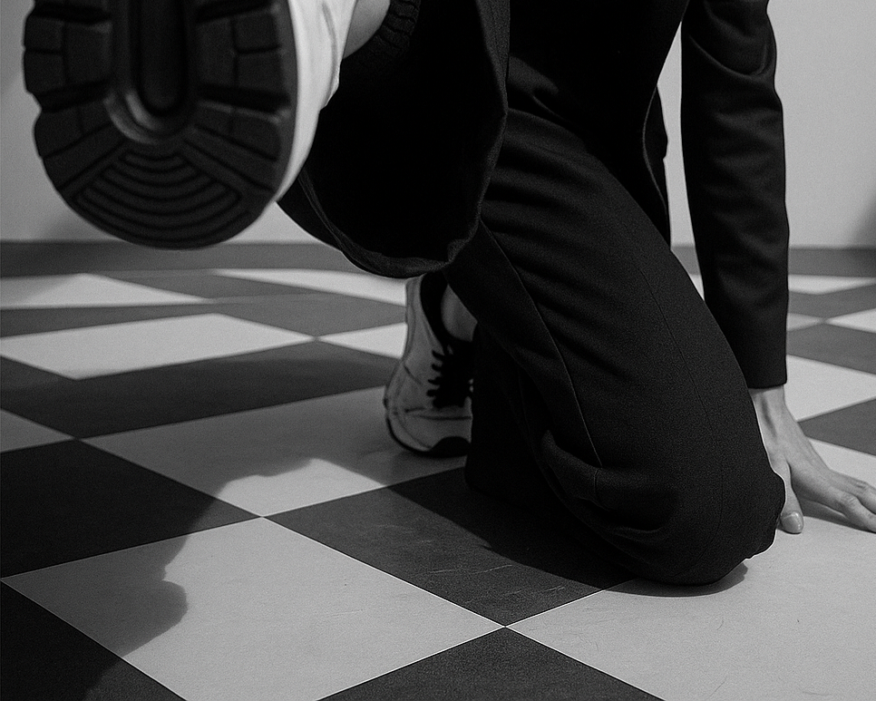 Fashion-Sneaker in Schwarz-Weiß auf kariertem Boden, urbaner Streetstyle mit modernem Look.