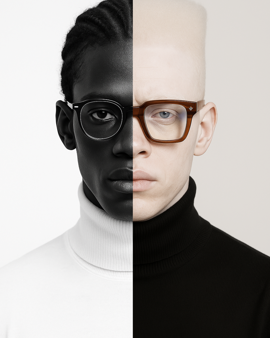 Zweiteiliges Porträt mit zwei Modellen in Turtlenecks und YANTARNI Frozen Grey und FUEGO Amber Blaulichtfilterbrille – High-Fashion-Konzept.